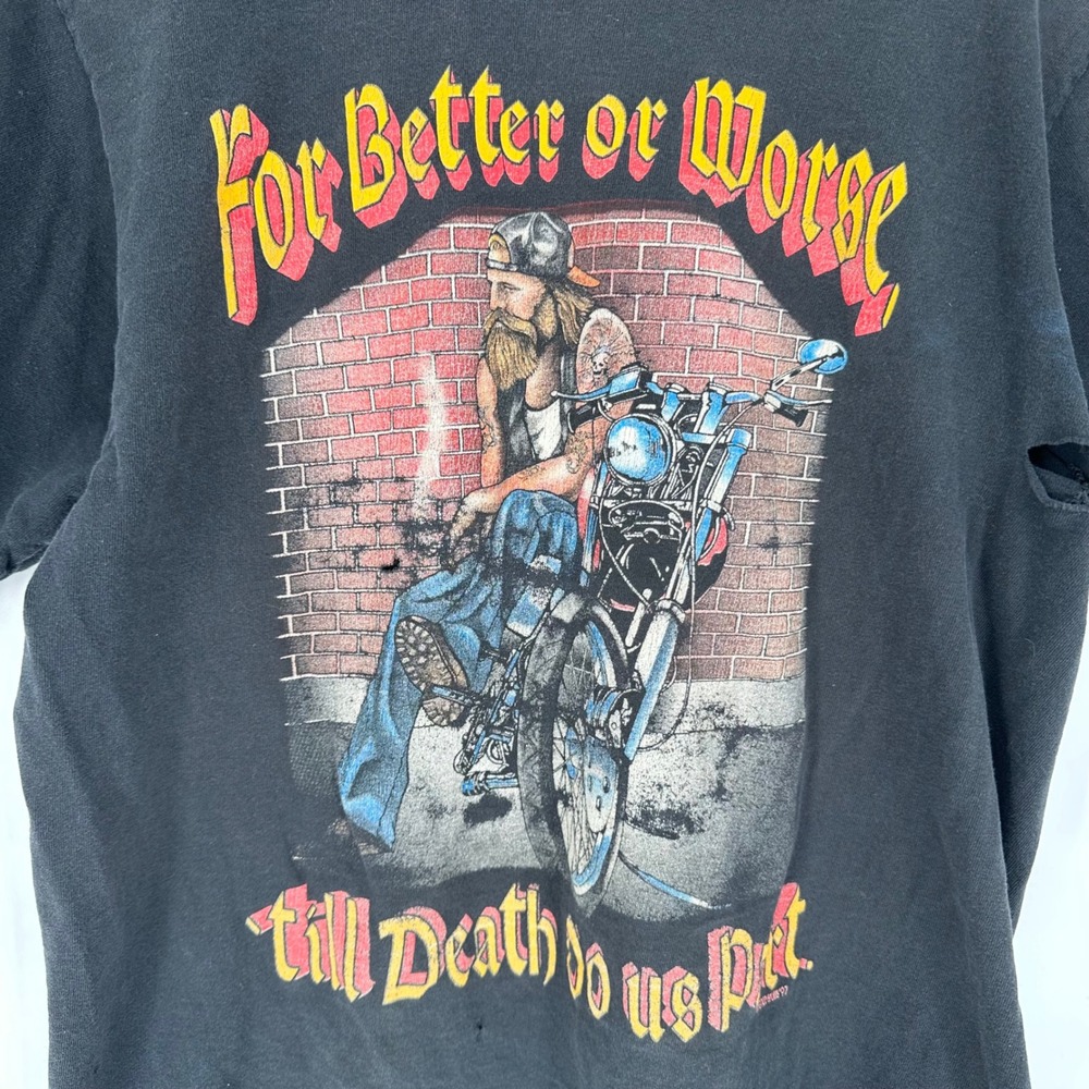 Vintage 90s Eagle Vision Till Death Motorcycle Shirt Black M Distressed Single - Picture 2 of 10